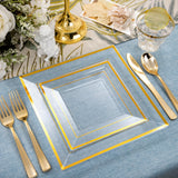175 PCS Clear Gold Plastic Plates, Gold Plastic Dinnerware Sets Includes: 25 Dinner Plates, 25 Salad Plates, 25 Pre Rolled Napkins with Gold silverware, 25 Cups 9 OZ, Perfect for Wedding and Party (gold/rose gold), Hand washa