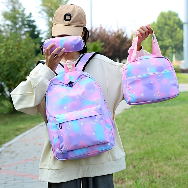 Vibrant Tie Dye Cartoon Pattern Backpack - Spacious School Bag with Insulated Lunch Box, Pencil Case, and Multiple Compartments for Organized School Use