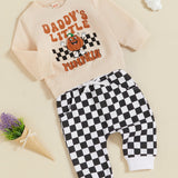 Toddler Boys Halloween Outfits Pumpkin Letter Print Long Sleeve Sweatshirts Checkerboard Long Pants 2Pcs Fall Clothes Set