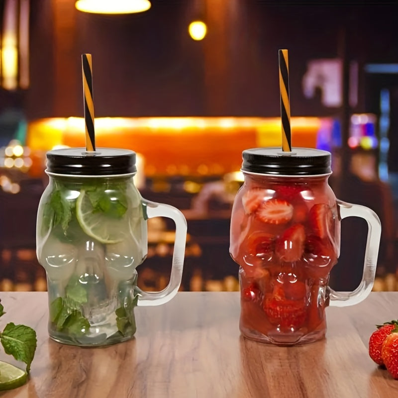 1pc Skull Mason Jar Mug Glass With Lid And Straw, Halloween Decoration, Drinking Glass for restaurants/hotels