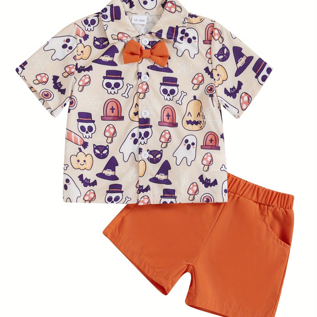Toddler Boys Halloween Outfits Bowtie Ghost Pumpkin Print Turn-Down Collar Short Sleeve Shirts Tops Shorts 2Pcs Clothes Set