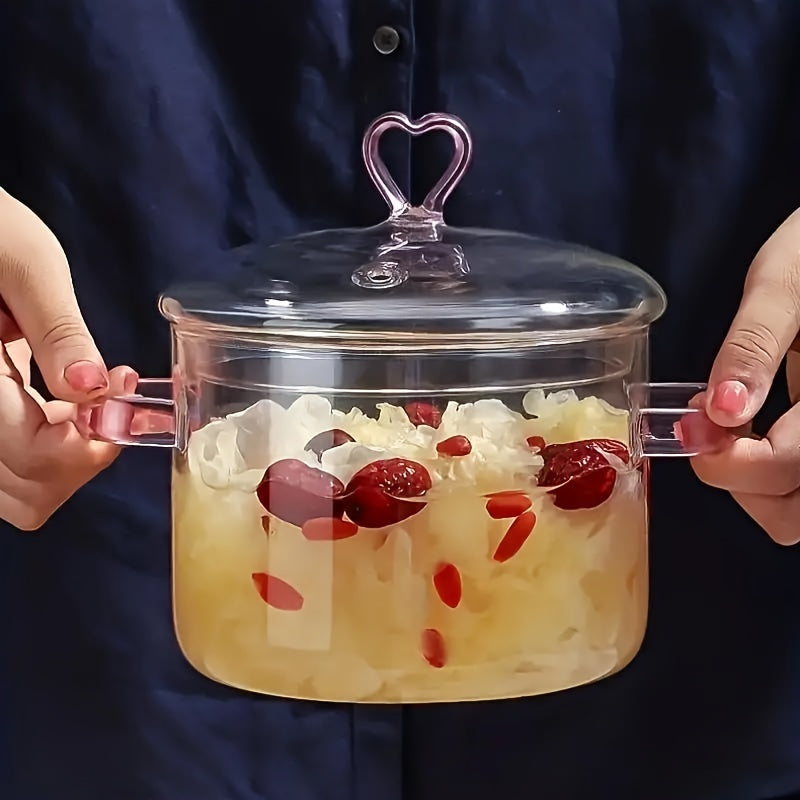 Love Heart Pink Borosilicate Glass Stockpot with Ergonomic Dual Handles, Transparent Multi-use Stew Pot with Safety Lid - Nutrient-Retaining Cooking Pot, 50.72oz - Trendy Kitchenware