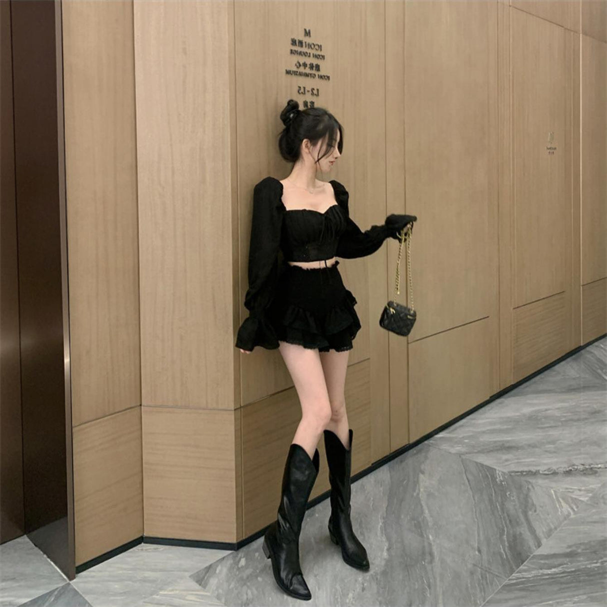 Women's Long Sleeve Crop Tops, Solid Color Patchwork Tie Up See-Through Blouse, Casual Sweet Style Tops
