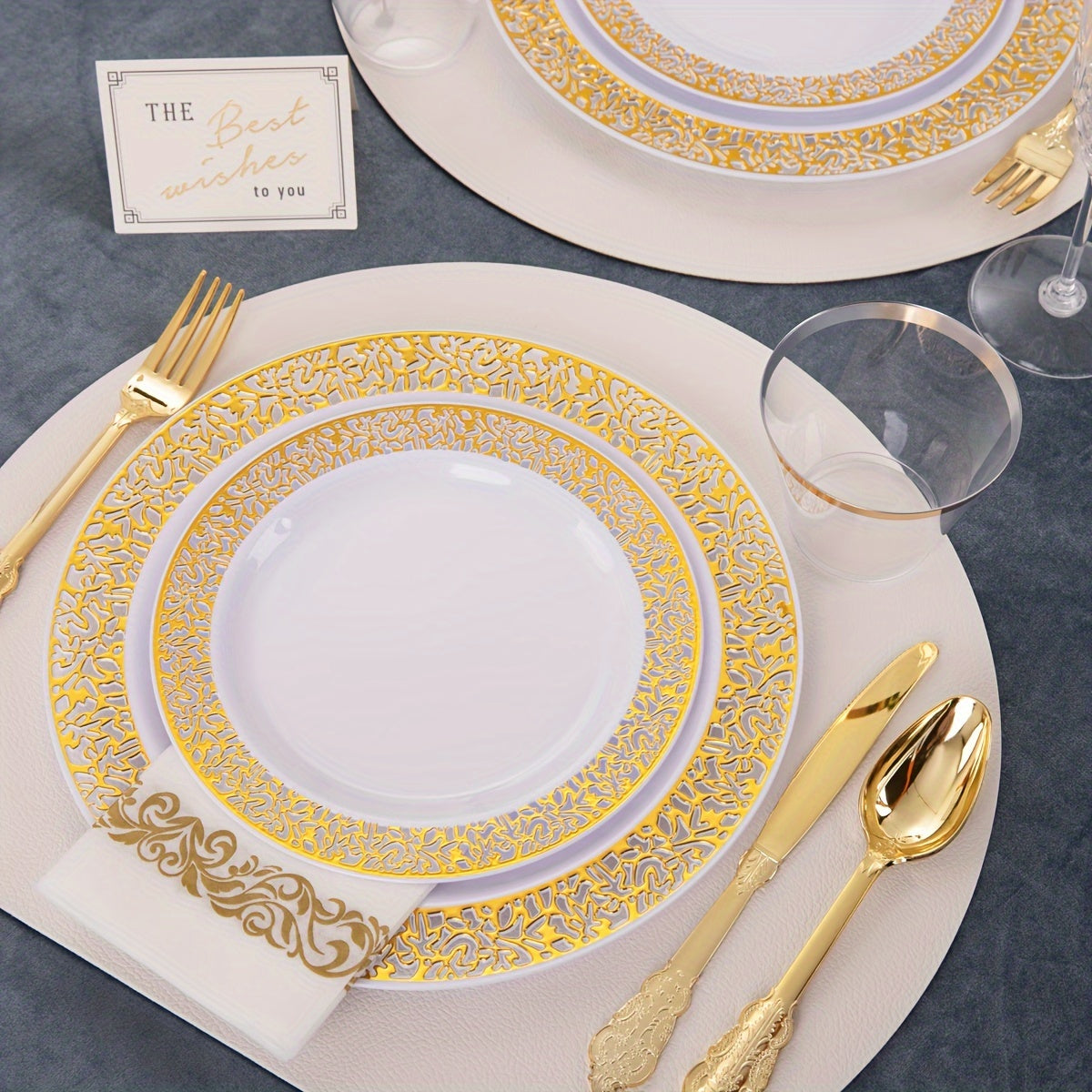 350 Piece Disposable Plastic Dinnerware Set, Golden Lace Design, 50 Dinner Plates, 50 Dessert Plates, 50 Golden Silverware, 50 Golden Cups, 50 Napkins for Thanksgiving Party