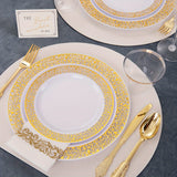 350 Piece Disposable Plastic Dinnerware Set, Golden Lace Design, 50 Dinner Plates, 50 Dessert Plates, 50 Golden Silverware, 50 Golden Cups, 50 Napkins for Thanksgiving Party