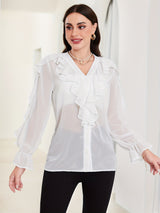 Flirty Ruffle Trim Blouse - Solid Color with Classy Button Front, Flowy Long Sleeves - Feminine Casual Top for Women