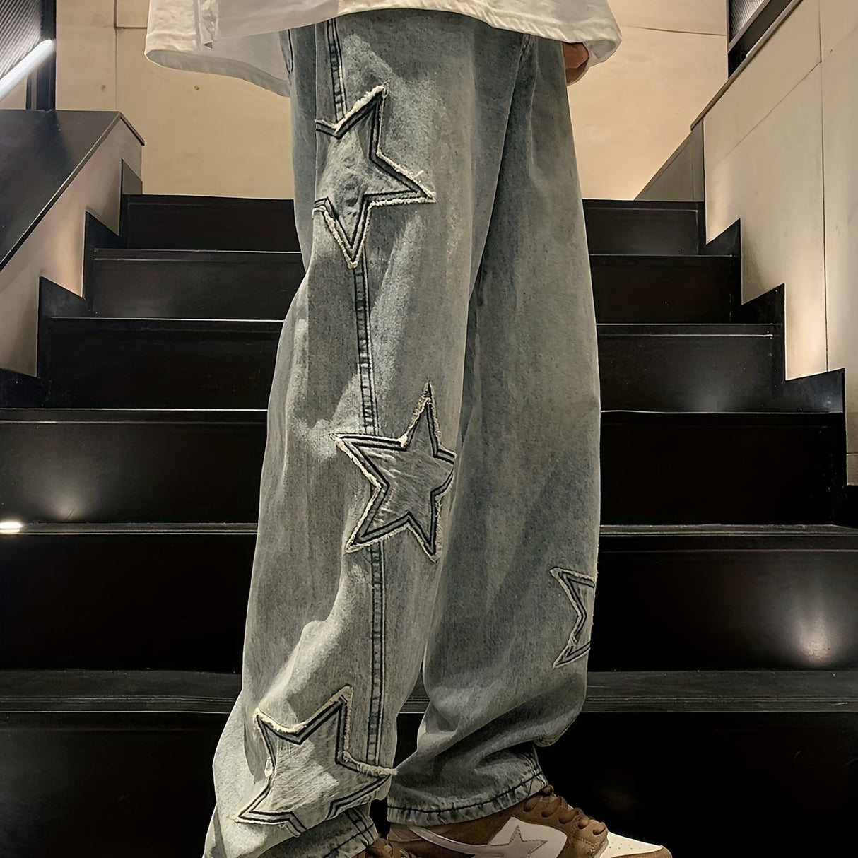 Y2k Baggy Jeans For Men, Hip Hop Grunge Demin Pants Wide Leg Loose Joggers Star Graphic Jeans