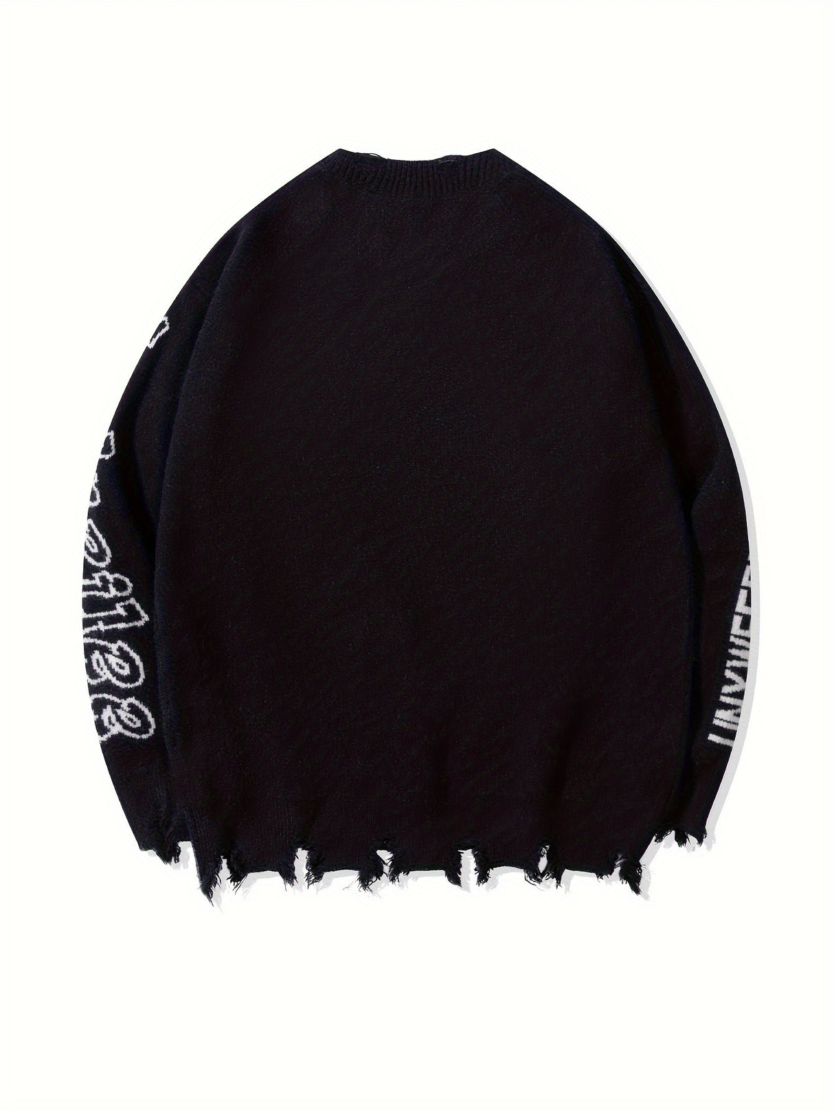 Street Style Crew Neck Knit Pullover with Tassel Detail, Long Sleeve Printed Acrylic Blend Sweater for Men - Medium Stretch, Loose Fit Fall/Winter Collection