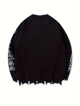 Street Style Crew Neck Knit Pullover with Tassel Detail, Long Sleeve Printed Acrylic Blend Sweater for Men - Medium Stretch, Loose Fit Fall/Winter Collection