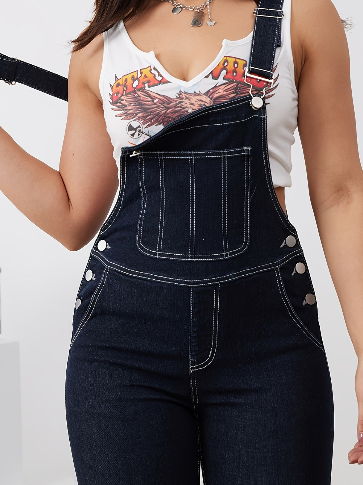 Side Button High Elastic Denim Overalls, Adjustable Strap Elegant Fitting Denim Jumpsuits, Women's Denim Jeans & Clothing