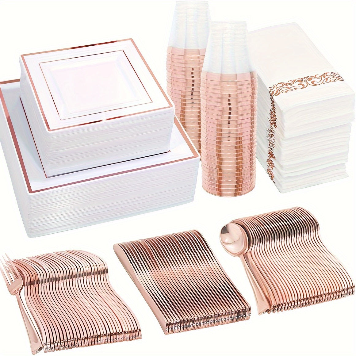 50Guest Rose Gold Plastic Plates with Disposable Plastic Silverware& Rose Gold Cups&Rose Gold Plastic Bowls&Hand Napkins-Plastic Dinnerware for Wedding&Parties
