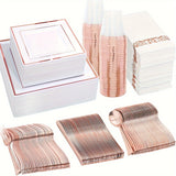 50Guest Rose Gold Plastic Plates with Disposable Plastic Silverware& Rose Gold Cups&Rose Gold Plastic Bowls&Hand Napkins-Plastic Dinnerware for Wedding&Parties