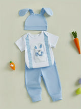 Baby Boy Easter Outfits Short Sleeve Bunny Embroidery Romper with Long Pants and Hat 3pcs Set, for Outdoor