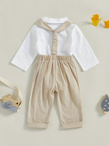 Baby Boy Gentleman Outfit Bow Tie Lapel Neck Long Sleeve Romper + Elastic Waist Suspender Pants Infant 2pcs Clothes Set for Wedding, for Outdoor