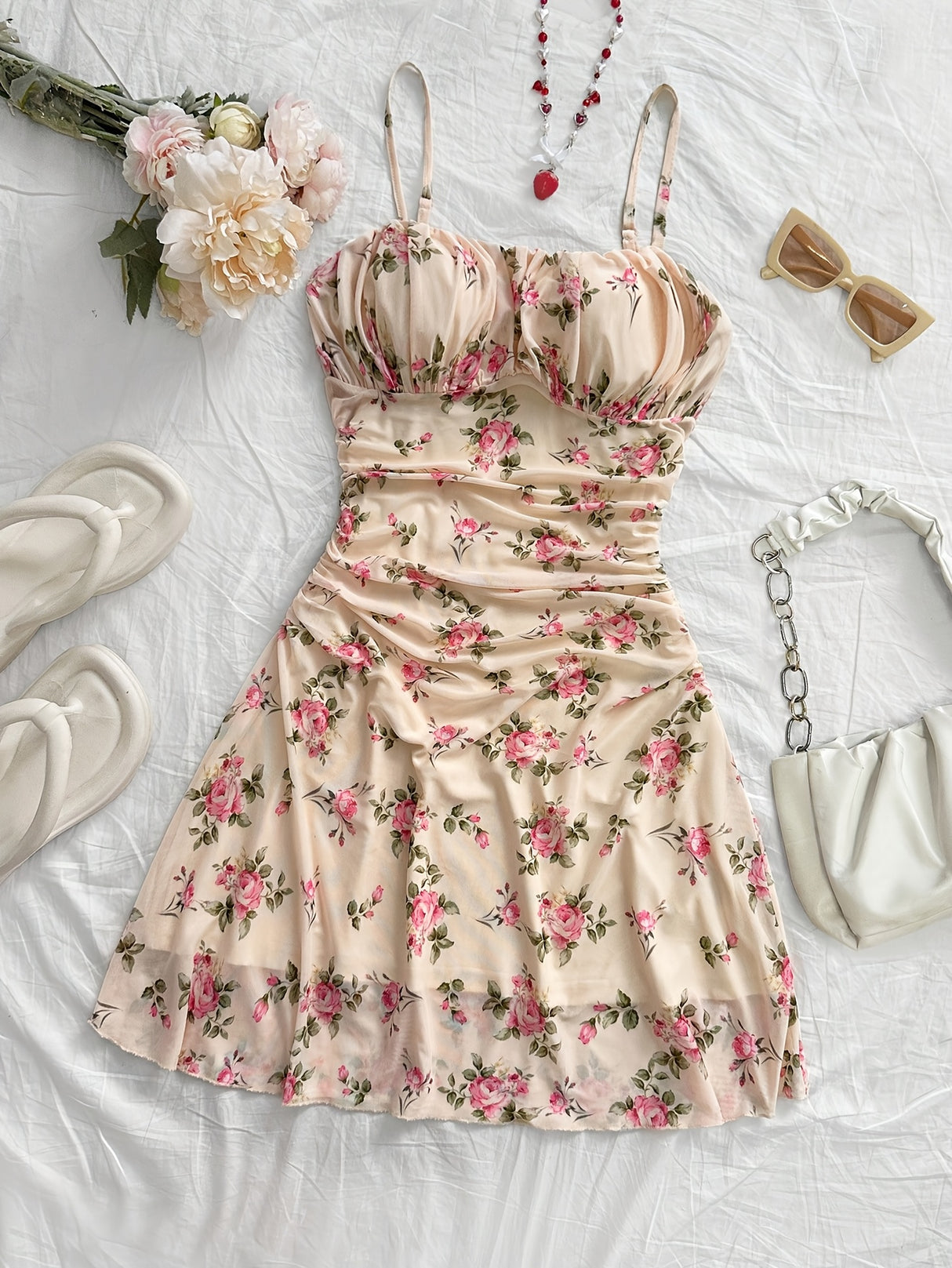 Elegant Floral Ruched A-Line Mini Dress for Women - Lightweight Summer Breeze, Perfect for Parties, Dates, Valentine'S Day, Easter, Mardi Gras, Beach Outings, Cruise, and Afternoon Tea, Elegant Outfit, Dress