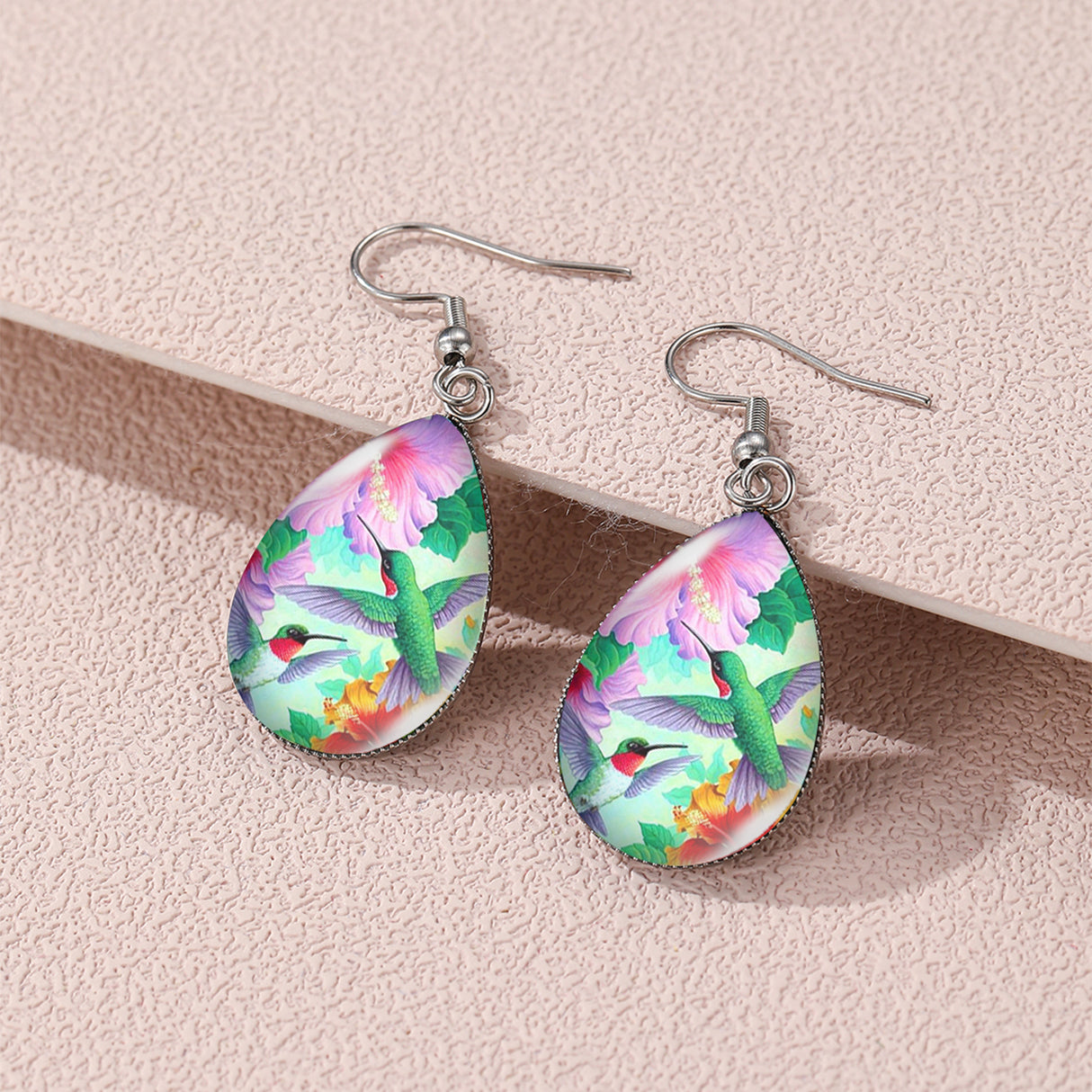 Elegant Sunflower & Hummingbird Water Drop Earrings - Stainless Steel Posts, Glass Material, Perfect for Casual Attire, Pair, Elegant Style