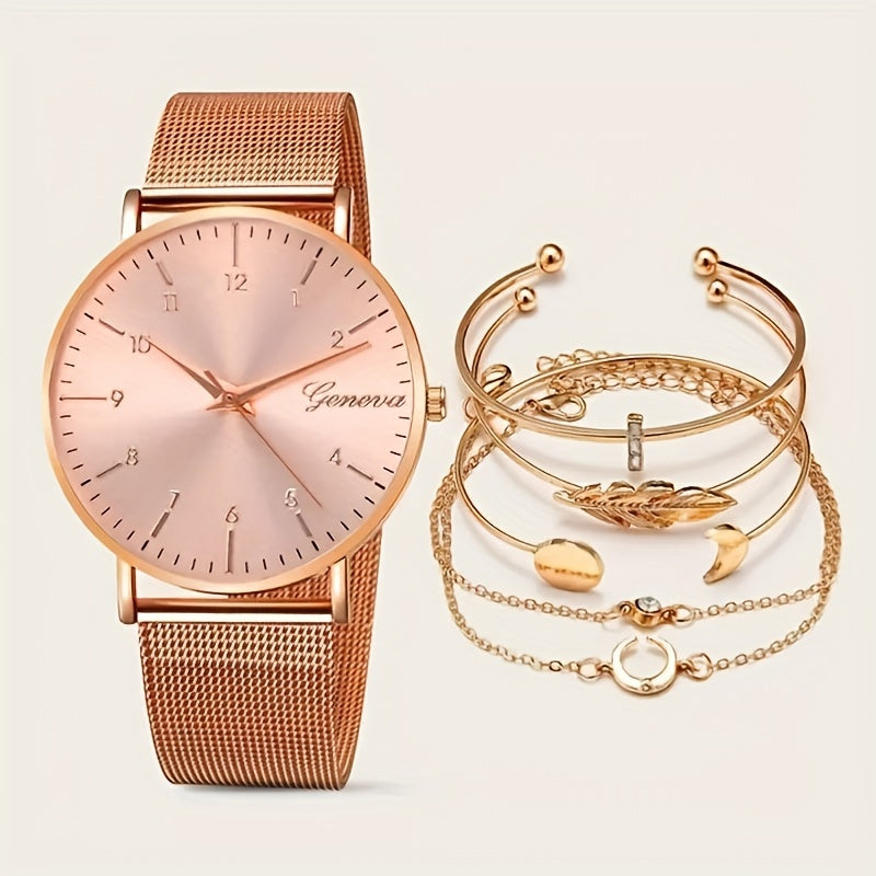 6pcs/set Women's Watch Luxury Rose Golden Quartz Watch Analog Stainless Steel Mesh Wrist Watch & Bracelets, Gift For Mom Her for eid, ramadan
