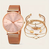 6pcs/set Women's Watch Luxury Rose Golden Quartz Watch Analog Stainless Steel Mesh Wrist Watch & Bracelets, Gift For Mom Her for eid, ramadan