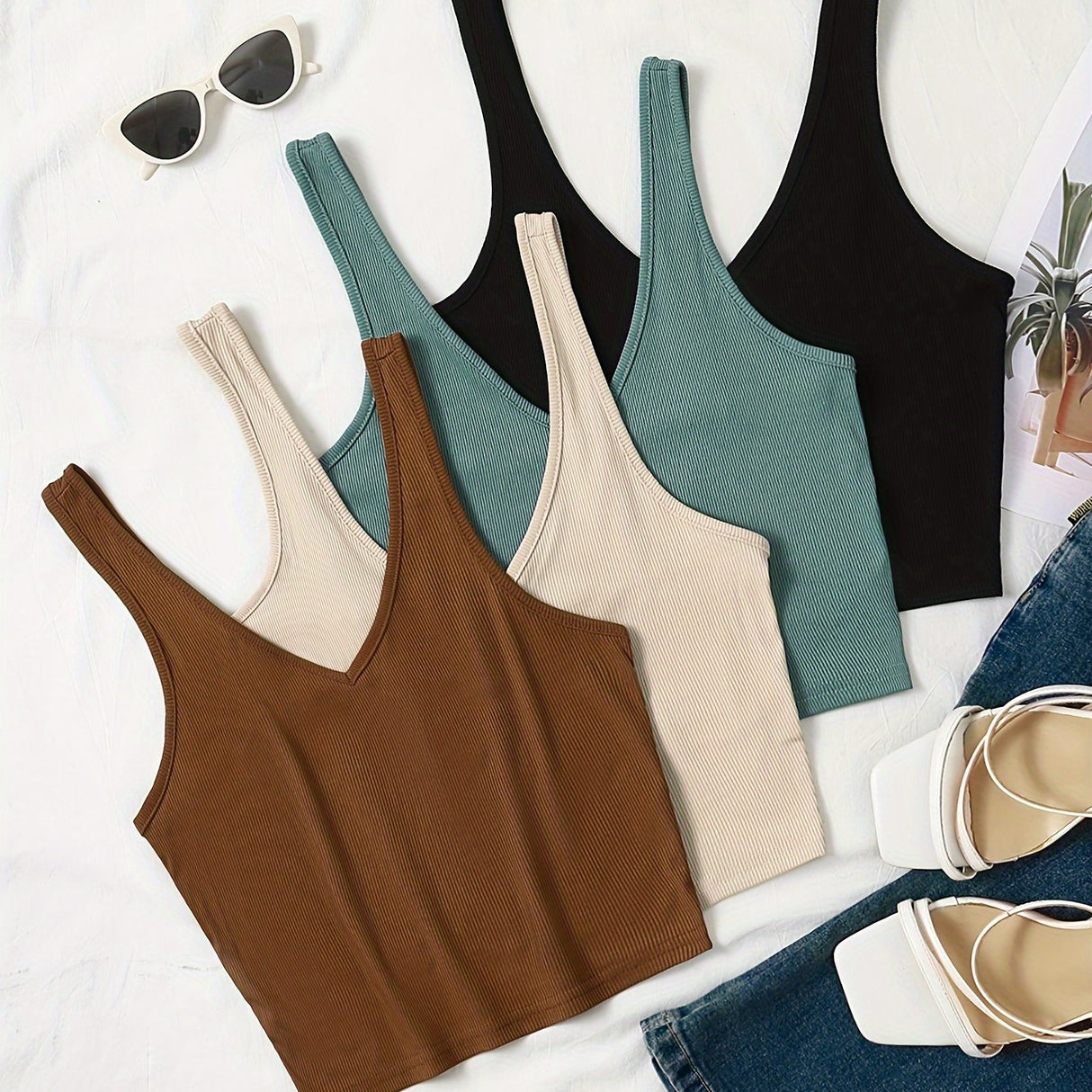 4-Pack Solid V-neck Tank Tops - Flattering Sleeveless Crop Tops for Women - Trendy Summer Wardrobe Essentials