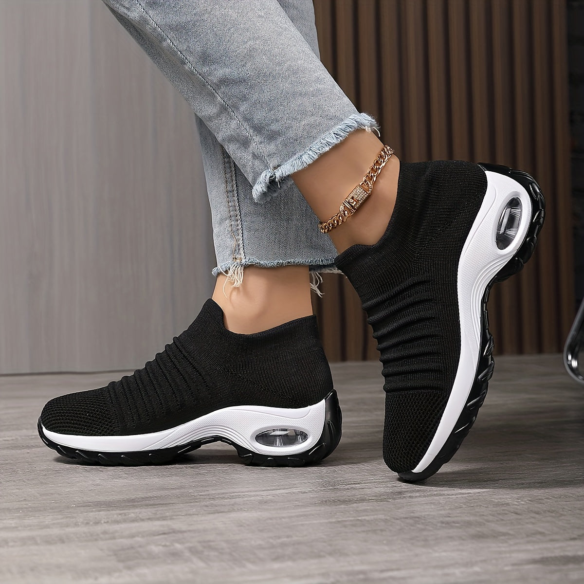 SOSENFER Women's 2089 Breathable Knit Running Shoes - Low-Top Slip-On Design, All-Season Comfort with PU Cushioned Sole for Gym, Jogging & Casual Wear (Black/White)