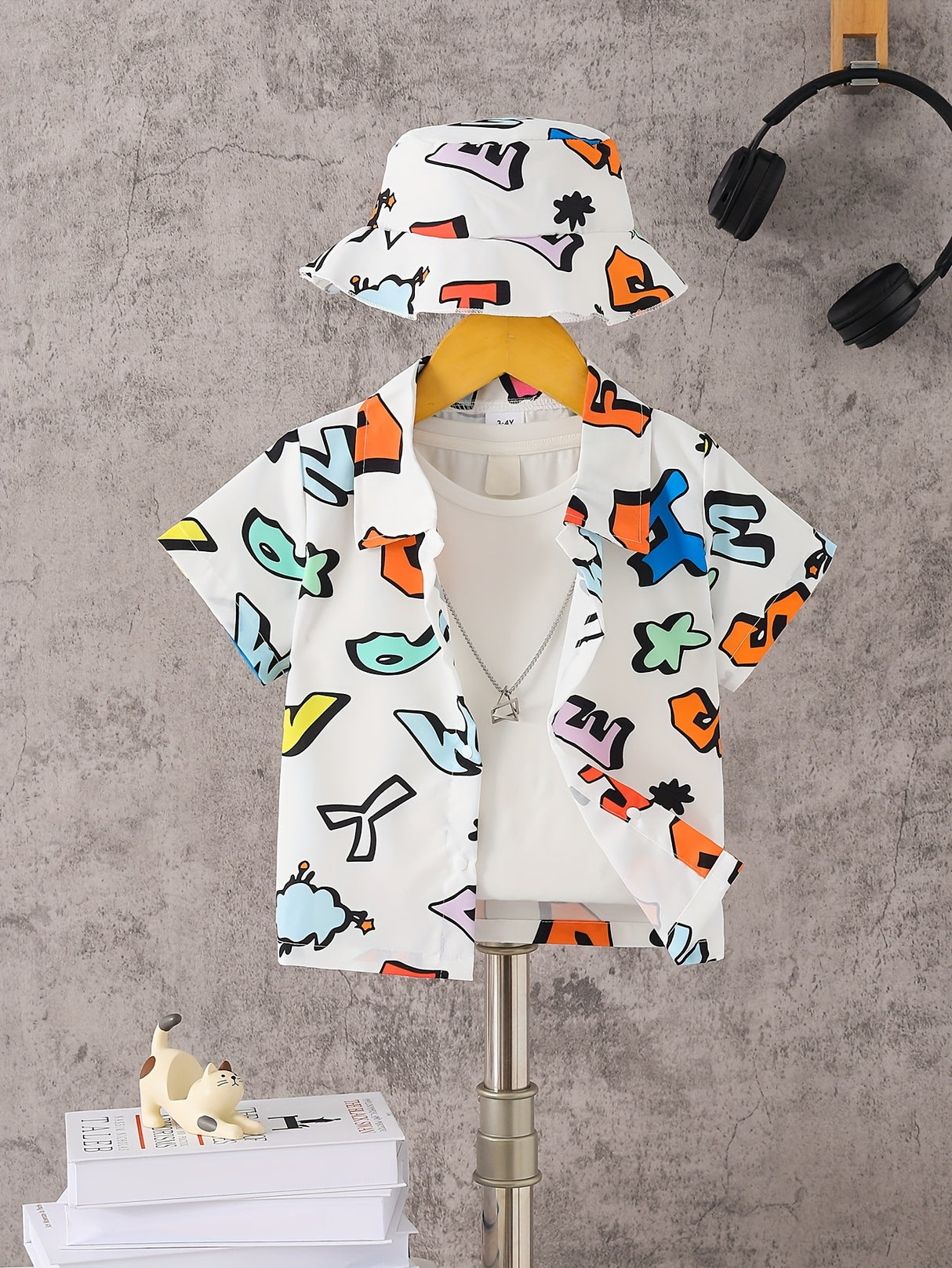 Cartoon Colorful Letter Print Boys Creative Shirt & Hat (Without T-shirt), Casual Short Sleeve Lapel Shirt Tops, Boys Clothes For Summer Outdoor