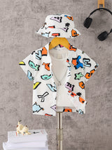 Cartoon Colorful Letter Print Boys Creative Shirt & Hat (Without T-shirt), Casual Short Sleeve Lapel Shirt Tops, Boys Clothes For Summer Outdoor