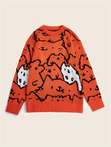 Cute Cats Pattern Knitted Sweater, Men's Casual Warm Slightly Stretch Crew Neck Pullover Sweater For Men Fall Winter