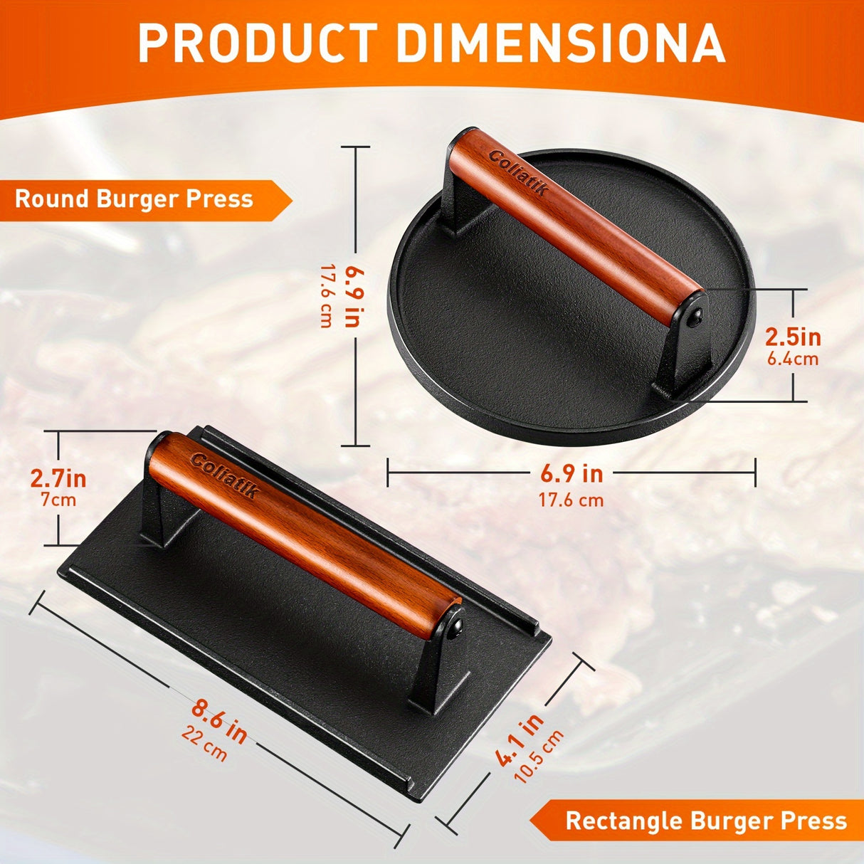 Heavy-Duty Cast Iron Burger Press Kit 7.08" Round & 8.3"X4.3"Rectangle Smash Presses with Wooden Handle-Perfect for Griddle, Grill, and Sandwich Cooking