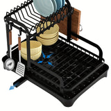 1pc Dish Drainer Rack, Compact Plastic Kitchen Organizer For Plates, Bowls And Silverware, Multi-Functional Drying Storage Holder With Drainboard For Home Use