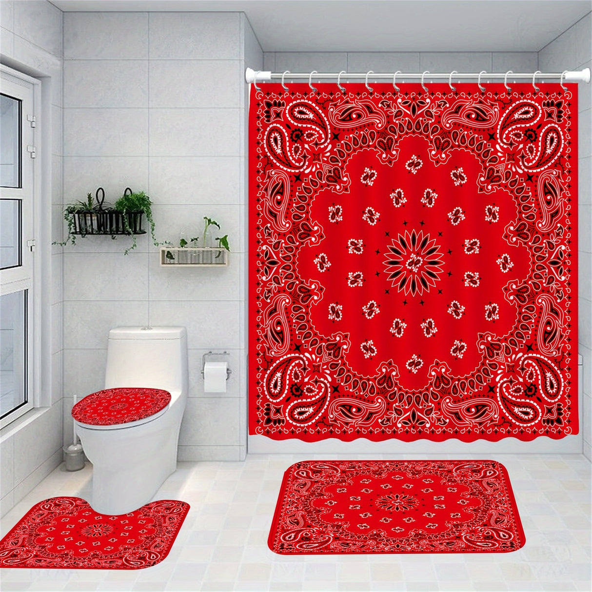 1/4pcs Deluxe Bathroom Essentials Set - Waterproof Shower Curtain with 12 Hooks, Non-Slip Bath Rug, U-Shape Mat, Toilet Lid Cover Pad - Complete Bathroom Accessories and Home Decor Solution