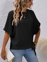 Solid Knotted Blouse, Casual Crew Neck Asymmetrical Blouse, Women's Clothing