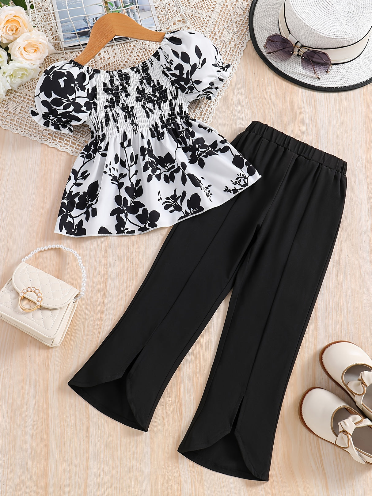 Girls 2pcs Shirred Shirt & Elastic Waist Flared Pants Set Floral Print Short Puff Sleeve Top Elegant Kids Clothes Summer