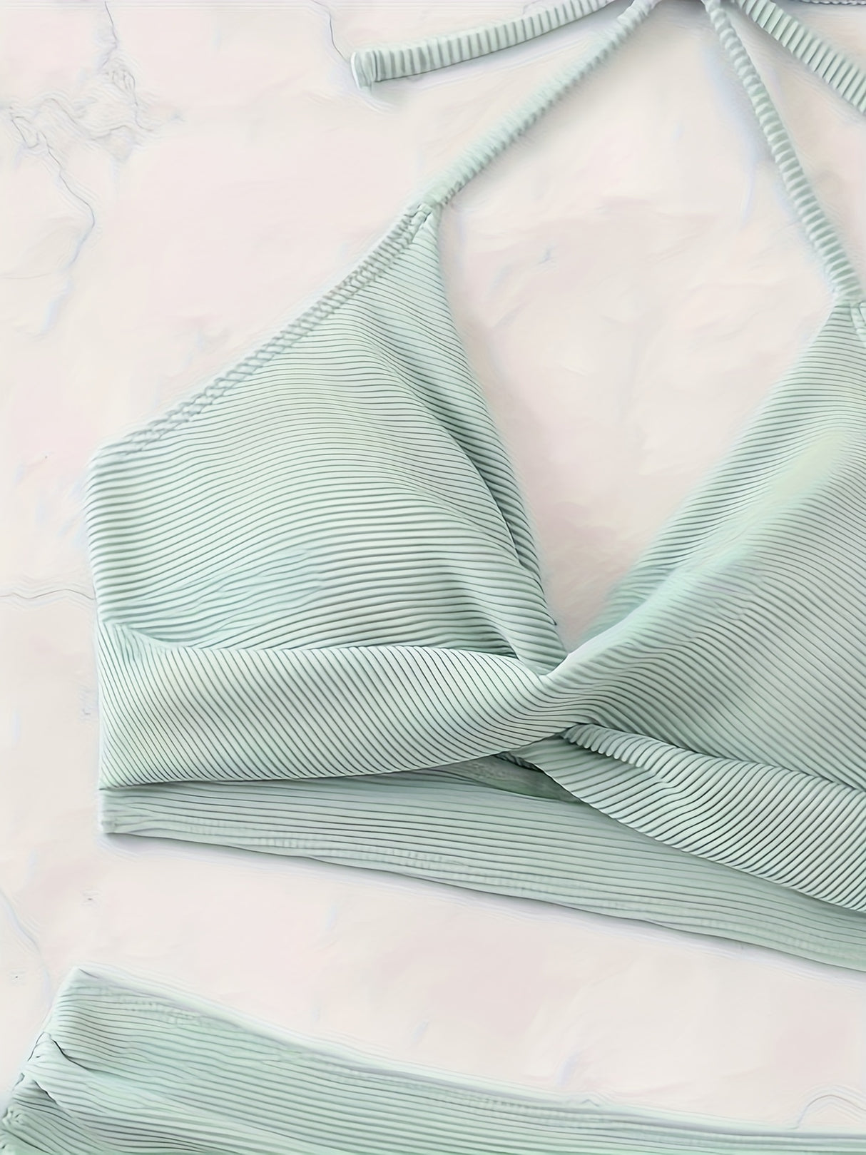 Elegant High-Waist Bikini Set with V-Neck Tie Detail - Stretchy, Non-Transparent Solid Color Swimsuit for Women