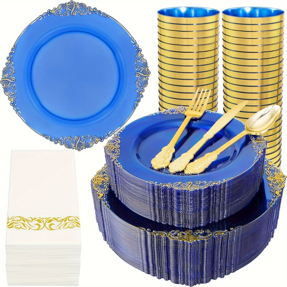 350PCS Pink and Golden Plastic Plates - Pink Plastic Dinnerware Sets for 50 Guests - 100 Pink Disposable Plates, 150 Golden Plastic Silverware, 50 Cups, 50 Napkins for Wedding & Mother's Day