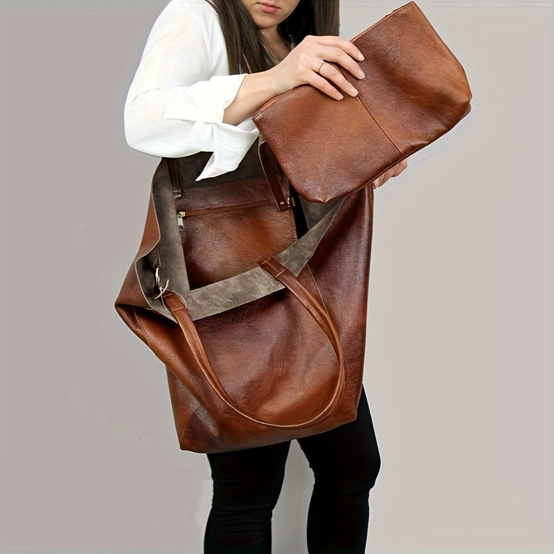 Large Capacity Retro Soft PU Leather Tote Bag - Stylish Buckle Closure Shoulder Bag with Spacious Interior - Trendy Handbag for Women with Classic Design