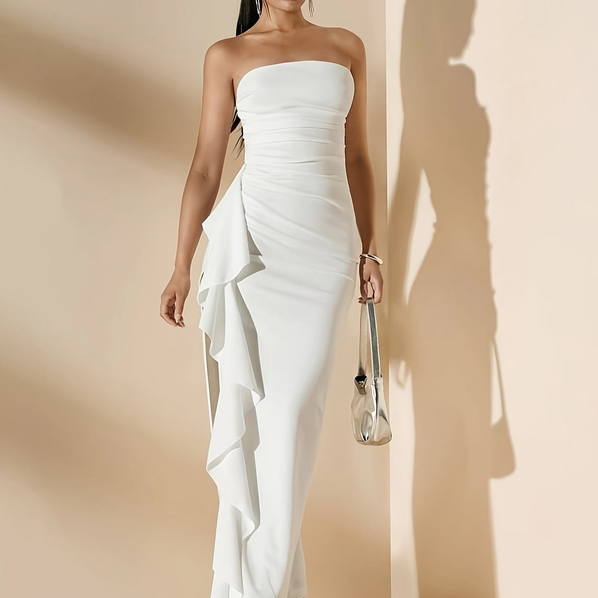 Elegant Off-Shoulder Ruched Ruffle Trim Split Thigh Bodycon Dress for Women - Solid White, Perfect for Parties & Banquets, Formal Evening Wear | Thigh Slit Dress | Knitted Construction