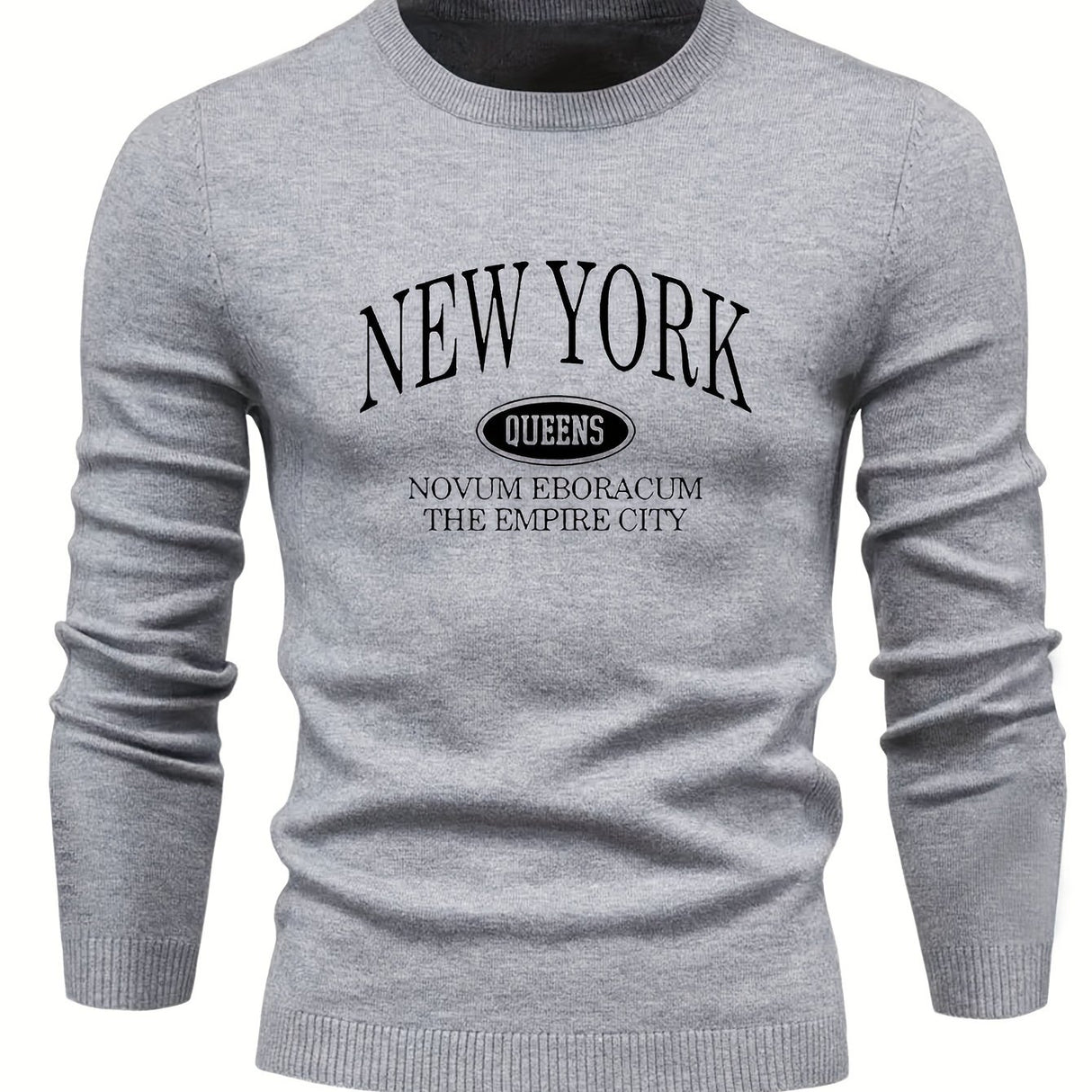 NEW YORK Print All Match Knitted Sweater, Men's Casual Warm Mid Stretch Crew Neck Pullover Sweater For Men Fall Winter