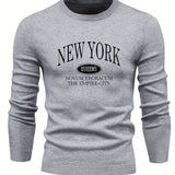 NEW YORK Print All Match Knitted Sweater, Men's Casual Warm Mid Stretch Crew Neck Pullover Sweater For Men Fall Winter