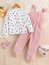 Girl's 2pcs, Bowknot Decor Corduroy Overalls & Heart Allover Print Top Set, Casual Outfits, Kids Clothes For Spring Fall