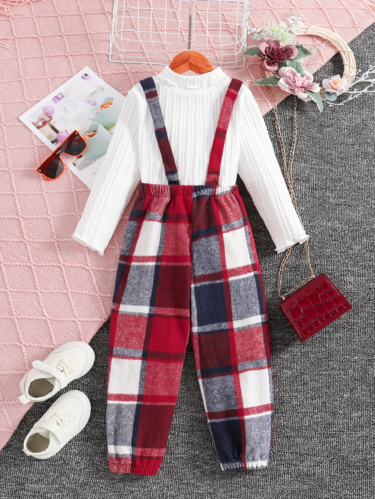 Girls 2pc, Solid Pullover Long Sleeve Top + Plaid Jumpsuit Kids Clothes For Spring Fall Outdoor