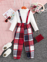 Girls 2pc, Solid Pullover Long Sleeve Top + Plaid Jumpsuit Kids Clothes For Spring Fall Outdoor