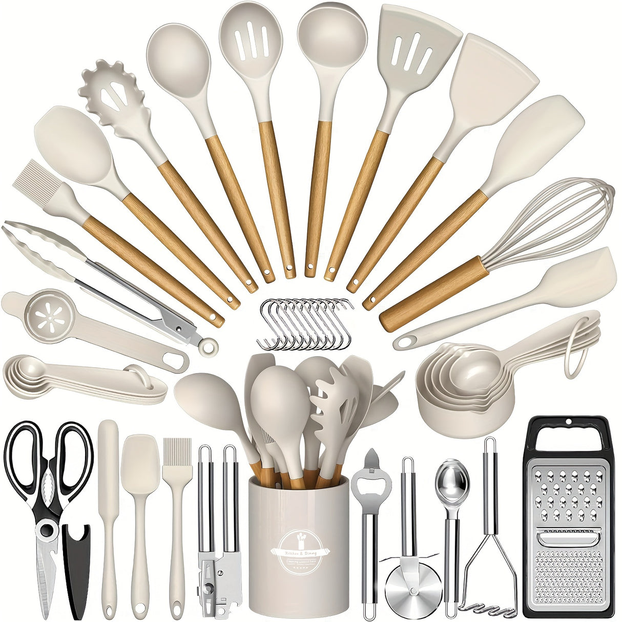 44pcs Non-Stick Silicone Kitchen Utensil Set with Wooden Handles, Includes Stainless Steel Grater & Bottle Opener