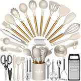 44pcs Non-Stick Silicone Kitchen Utensil Set with Wooden Handles, Includes Stainless Steel Grater & Bottle Opener