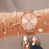 6pcs/set Women's Watch Luxury Rose Golden Quartz Watch Analog Stainless Steel Mesh Wrist Watch & Bracelets, Gift For Mom Her for eid, ramadan