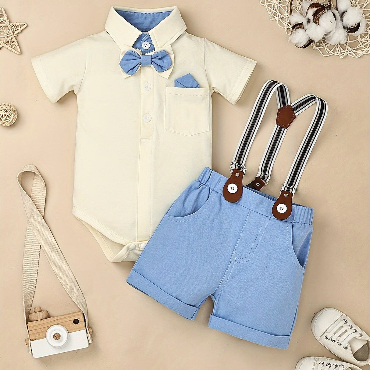 Baby Boy Clothes Infant Little Gentleman Romper + Strap Pants + Bowtie 3pcs Outfits 0-18 Months