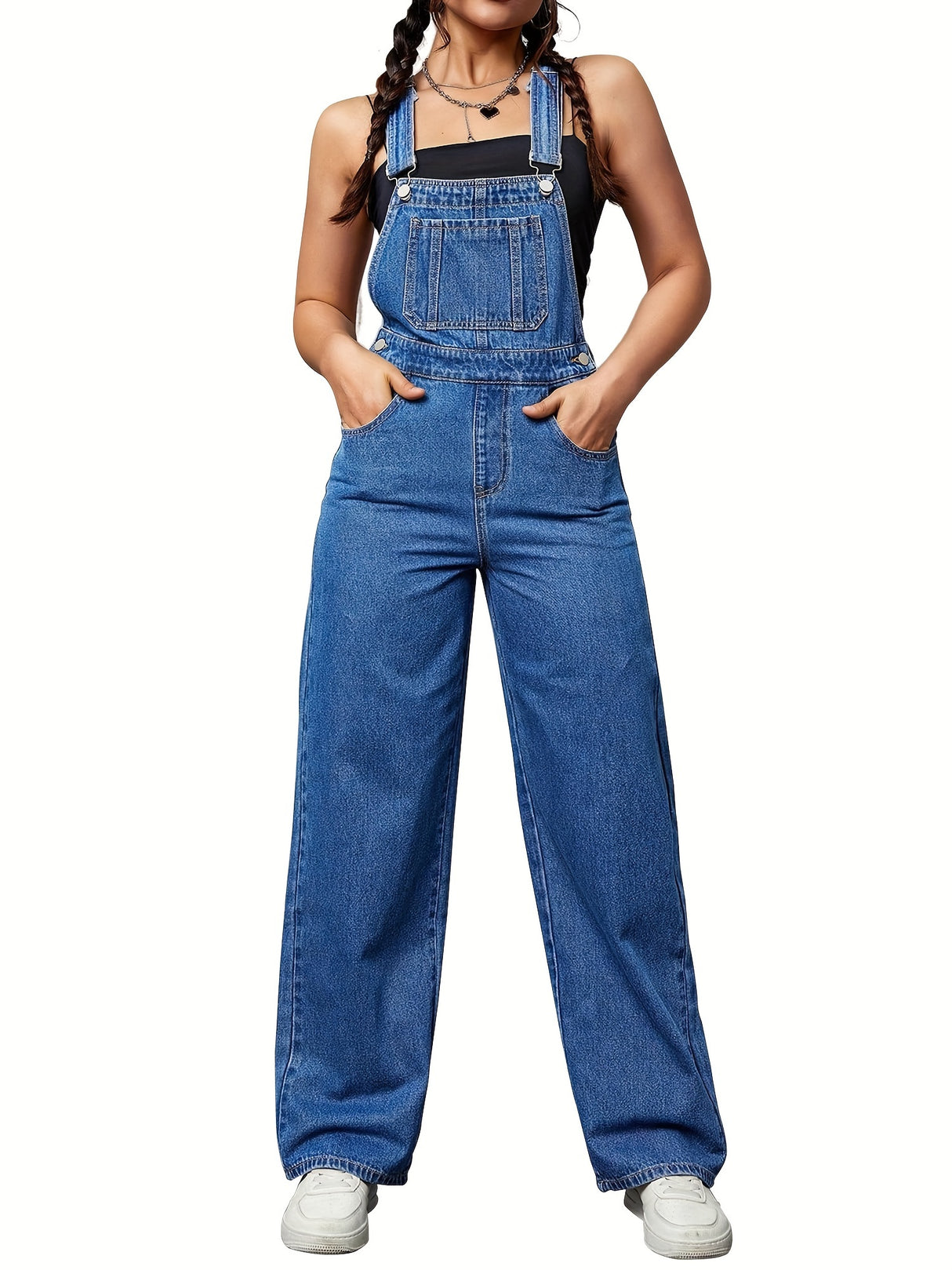 Womens Overalls Denim Straight Plain Washed Blue Jeans Overall Loose Fit Jean Jumpsuits Adjustable Straps