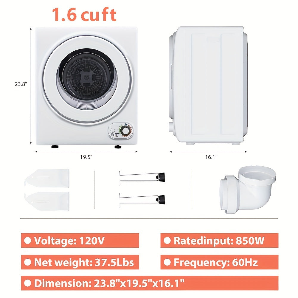 110V Portable Clothes Dryer - Compact 850W Laundry Dryer With 1.6 Cu.ft Front Load Capacity, Stainless Steel Tub - Electric Dryer Machine Ideal For Apartments, RVs, Dorms - Easy Control, White.
