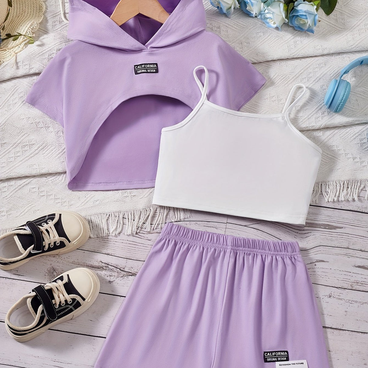 Girl's Stylish 3pcs, Hooded T-shirt & Camisole & Shorts Set, CALIFORNIA Patched Short Sleeve Top, Casual Outfits, Kids Clothes For Summer
