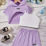Girl's Stylish 3pcs, Hooded T-shirt & Camisole & Shorts Set, CALIFORNIA Patched Short Sleeve Top, Casual Outfits, Kids Clothes For Summer