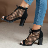 Women's Leopard Print Mesh Block High Heels, Fashion Peep Toe Lace Up & Back Zipper Sandals, Sexy Dress Shoes